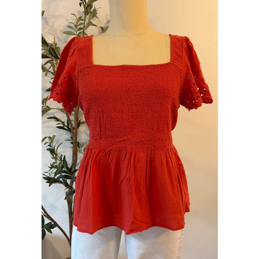 Madewell Smocked Square Neck Peplum Top Eyelet Flutter Sleeve Rust Orange L